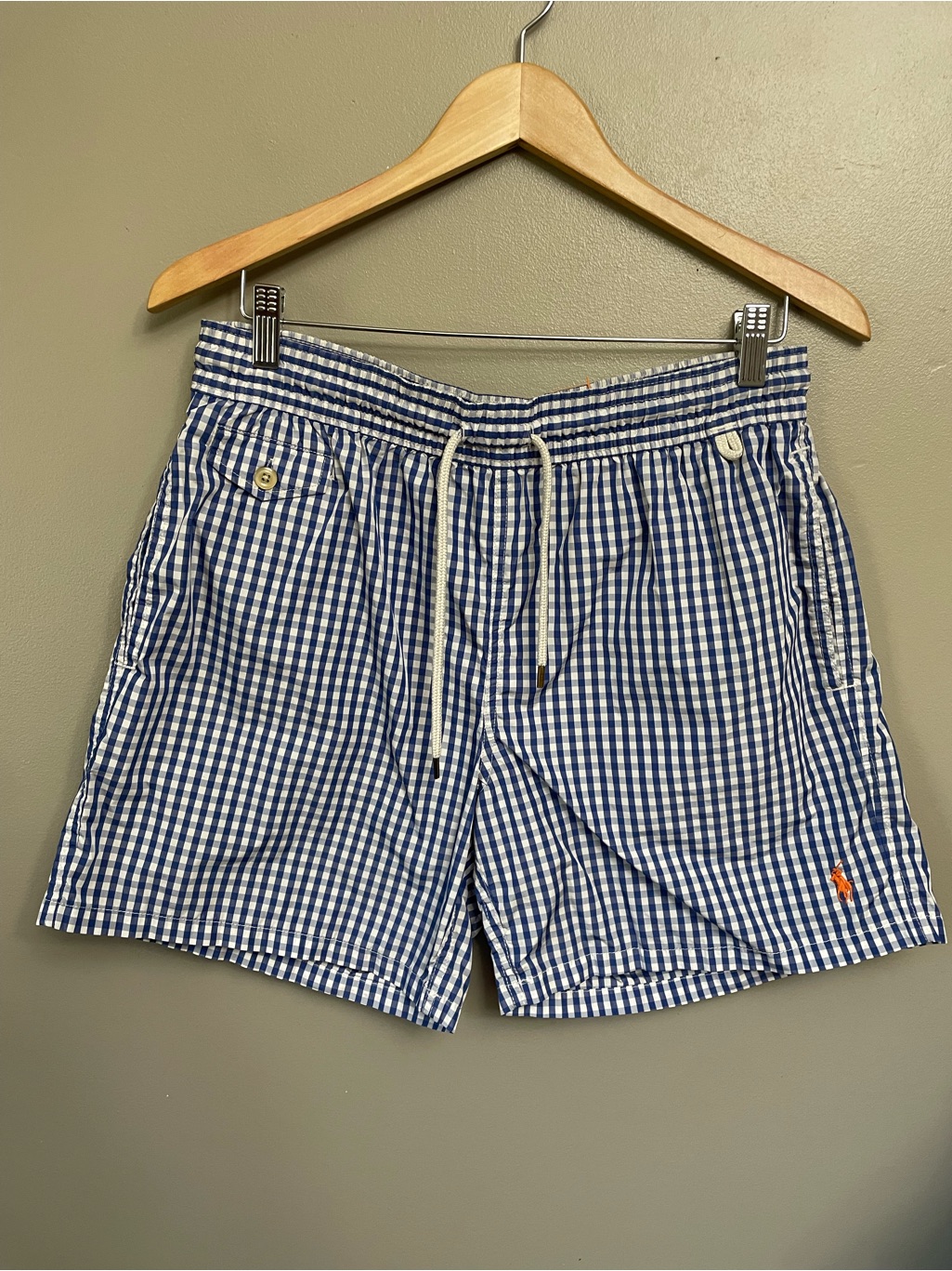 Polo Ralph Lauren Mens Blue Gingham Swim Trunks Medium Preppy Resortwear